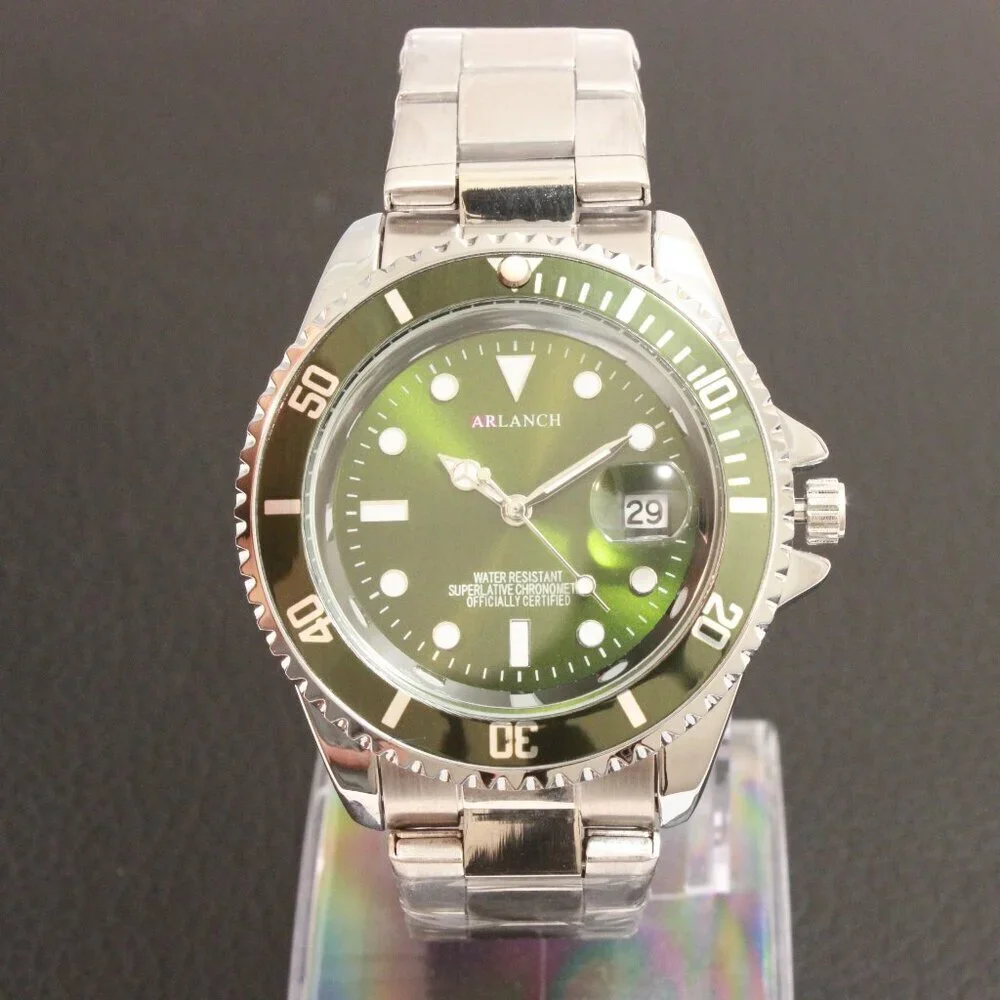 Men's Diver Style Watch Green Uni-directional Bezel Stainless Bracelet 40mm